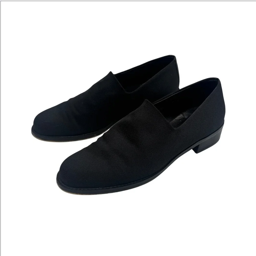 Donald J Pliner Black Stretch Crepe Loafers Low Heel Slip On Shoes 7M Spain 0087